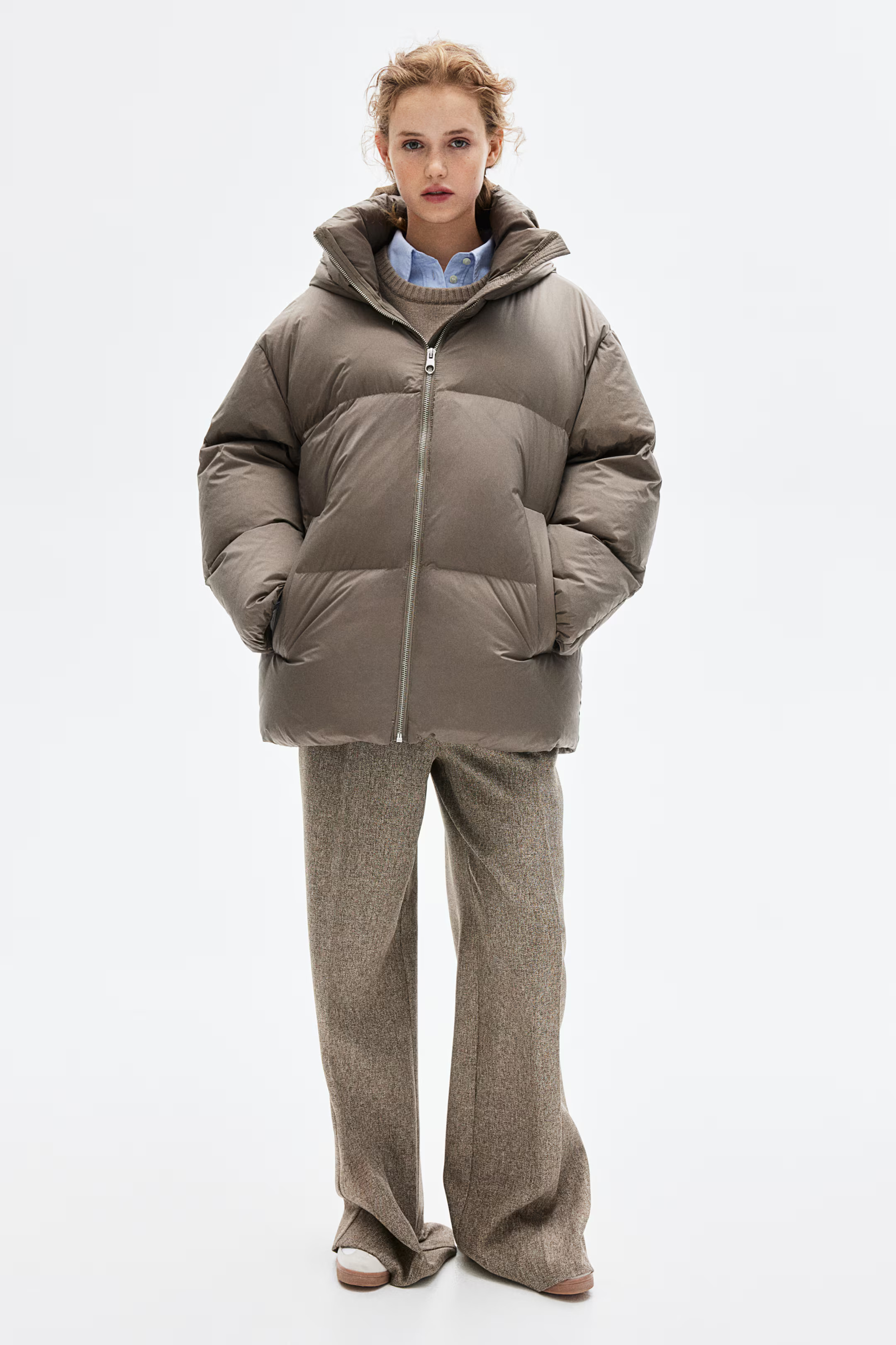 Oversized down puffer jacket - Greige - Ladies | H&M GB | H&M (UK, MY, IN, SG, PH, TW, HK)