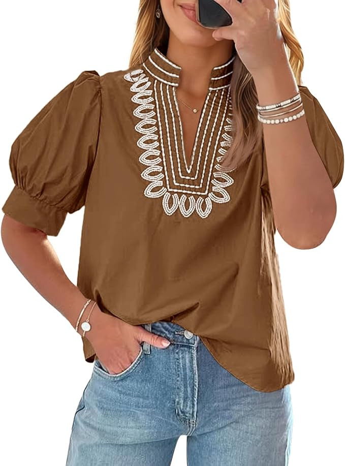 Cicy Bell Womens Puff Short Sleeve Blouses Summer Casual Dressy Embroidered V Neck Tops Loose Fit... | Amazon (US)