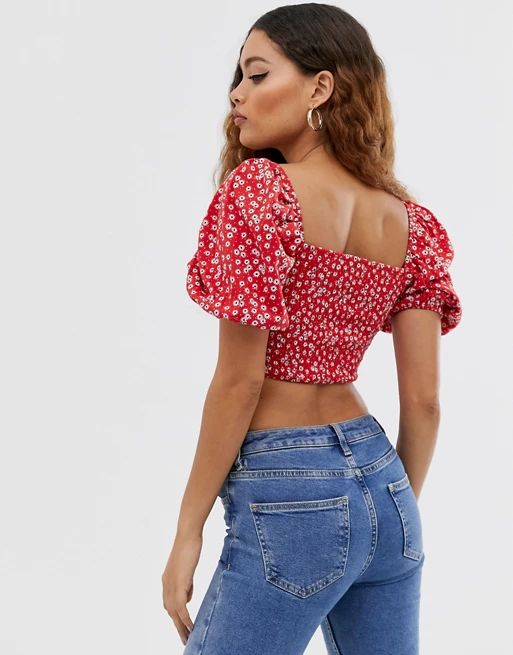 ASOS DESIGN Petite fitted shirred top in red ditsy print | ASOS (Global)