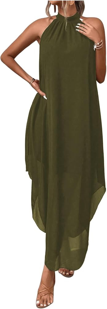 Verdusa Women's Fall Formal Wedding Guest Dress Halter Flowy Sleeveless Asymmetrical Boho Maxi Dr... | Amazon (US)