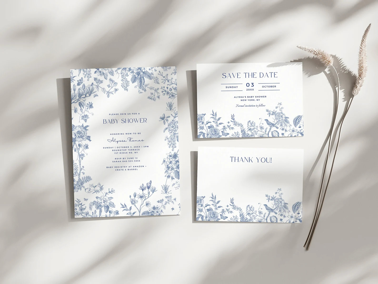 Dusty Blue Chinoiserie Baby Shower Bundle Invitation, Save the Date, Thank You Card Template Gend... | Etsy (US)