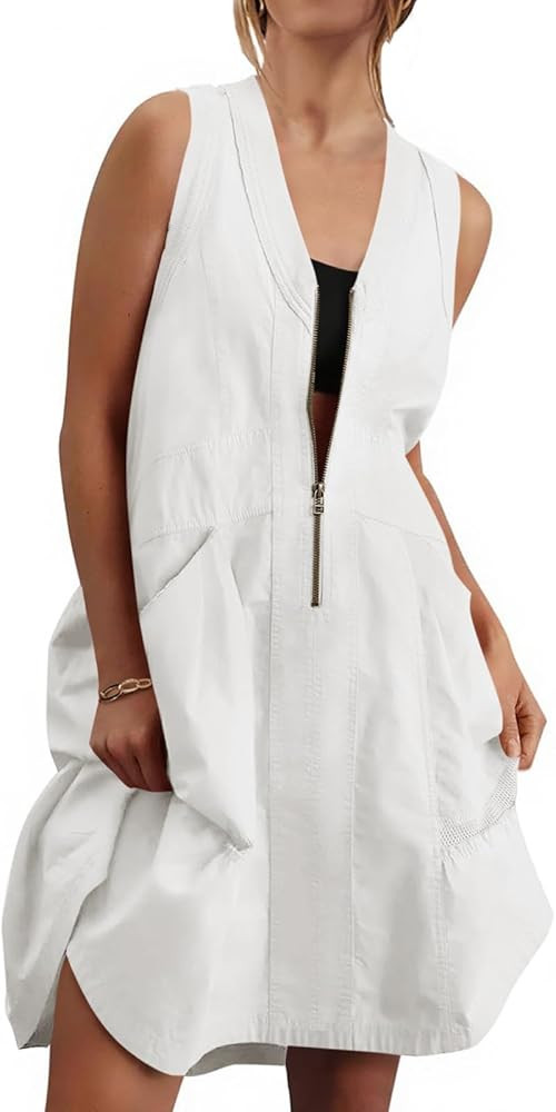 Fisoew Women's Sleeveless Tank Mini Dress Casual Half Zip V Neck Loose Mesh Back Utility Summer D... | Amazon (US)