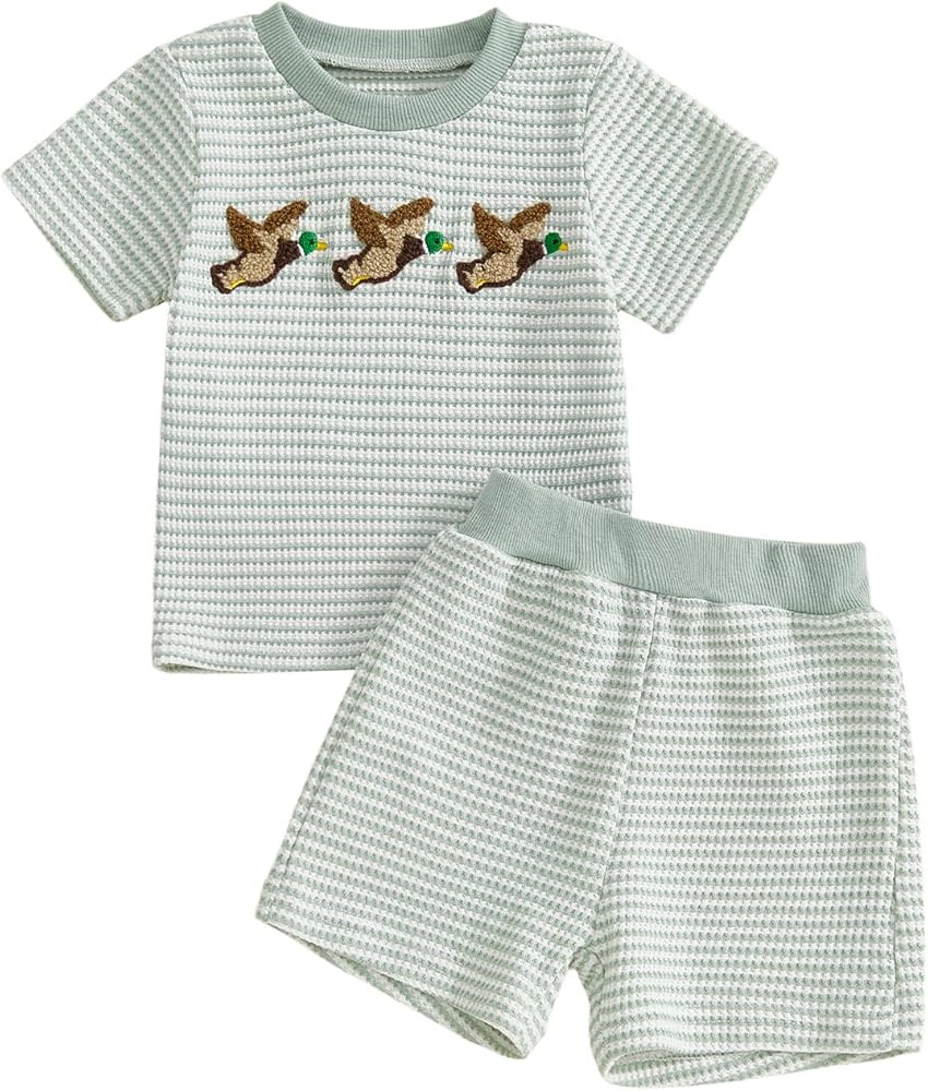 Baby Boy Summer Clothes Toddler Hunting Outfit Mallard Duck Short Sleeve T-shirt and Shorts Waffl... | Amazon (US)