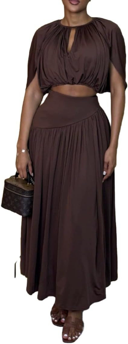 Women 2 Piece Elegant Outfit Cape Sleeve Cutout Crop Top High Waist Maxi Skirt Vacation Casual Set | Amazon (US)