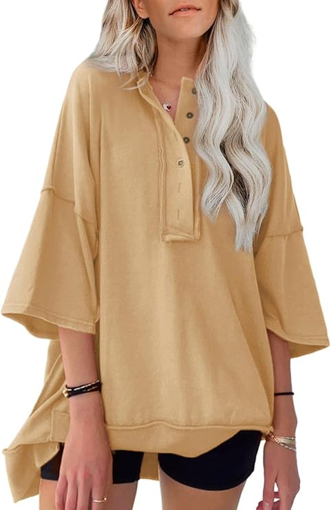SHEWIN Women's Fashion Oversized T Shirts Casual Short Sleeve Sweatshirt Button Down Henley Neck ... | Amazon (US)