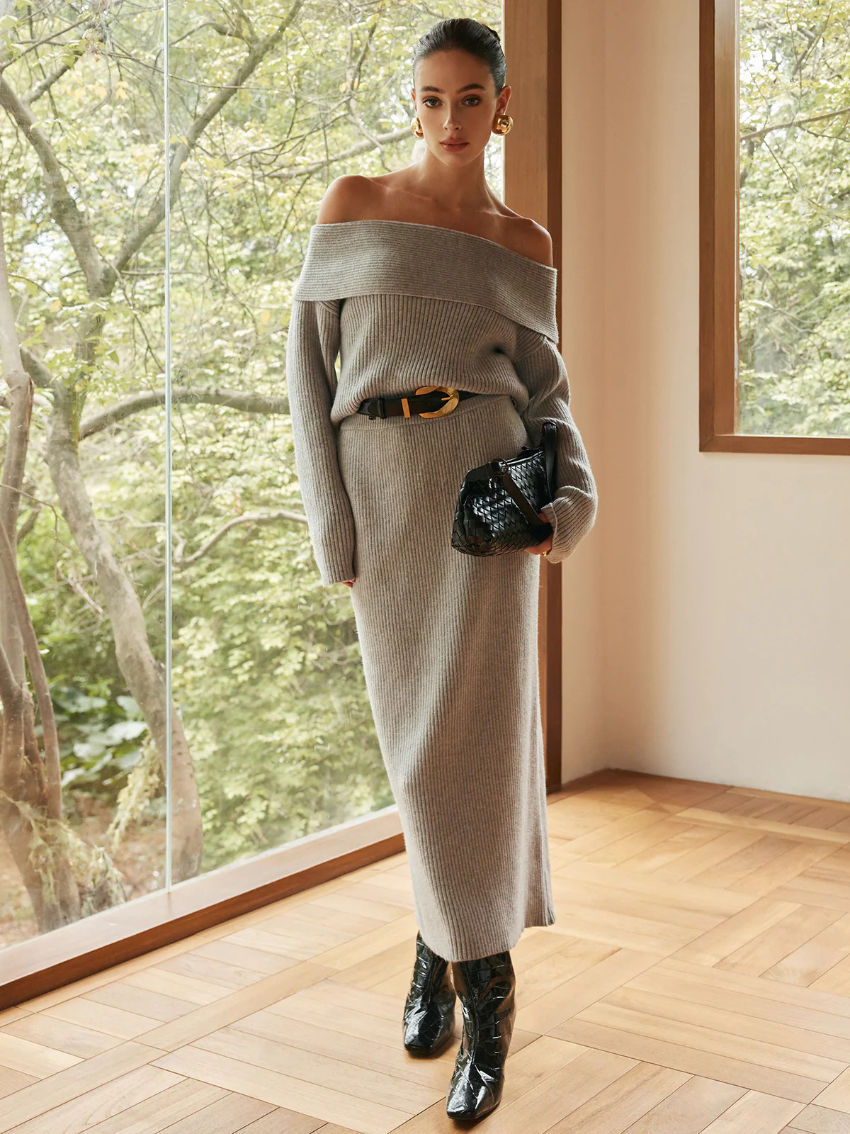 Ribbed Off-Shoulder Sweater Co-ords Without Belt | Commense