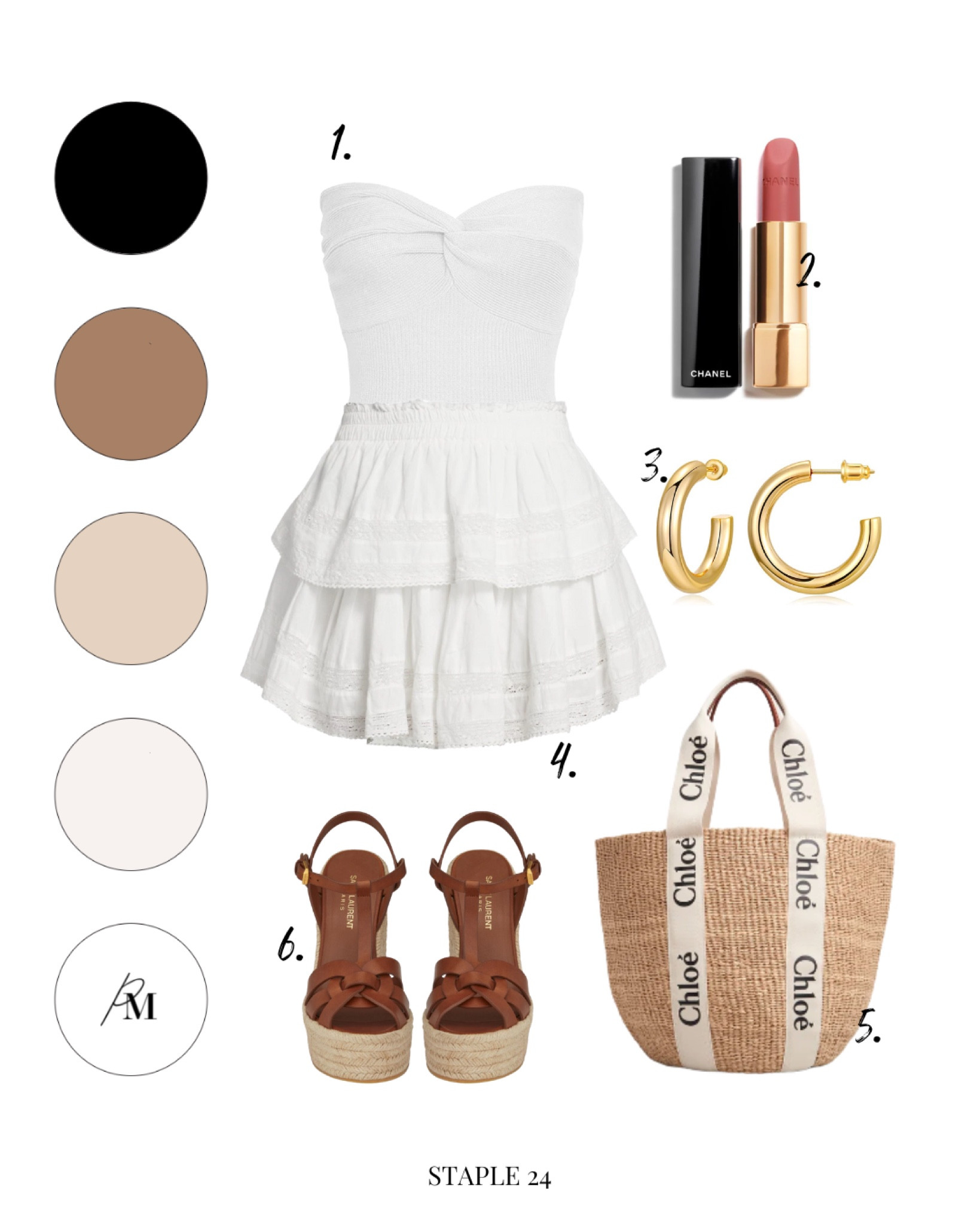 amazon strapless crop top
loveshackfancy ruffle skirt 
espadrille wedge
chanel rouge lipstick
gold hoop earring 
chloe tote


#LTKstyletip #LTKSeasonal #LTKFind