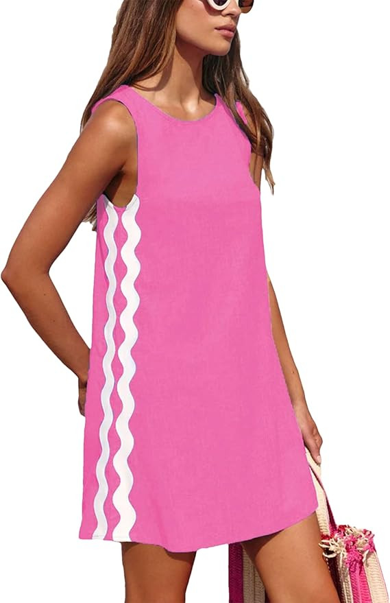 Summer Dresses for Women Sleeveless Short Beach Dress Casual Crewneck Bohemian Mini Sundress | Amazon (US)