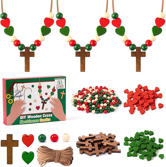 BeYumi Wooden Cross Necklace Craft - 24Pcs Christmas Wooden Cross Beads Necklace Craft Kit for Ki... | Amazon (US)