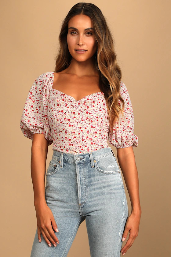 Beautiful Hues Ivory Floral Print Puff Sleeve Ruched Bodysuit | Lulus
