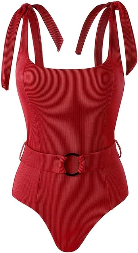 TSMEZA Women's One Piece Swimsuits Belt Tummy Control Bathing Suits Tie Shoulder Swimwear | Amazon (US)