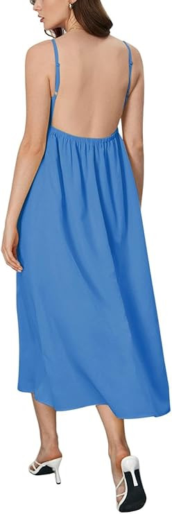 SOLY HUX Women's Summer Dress Backless V Neck Spaghetti Strap Loose Flowy Midi Cami Dresses | Amazon (US)