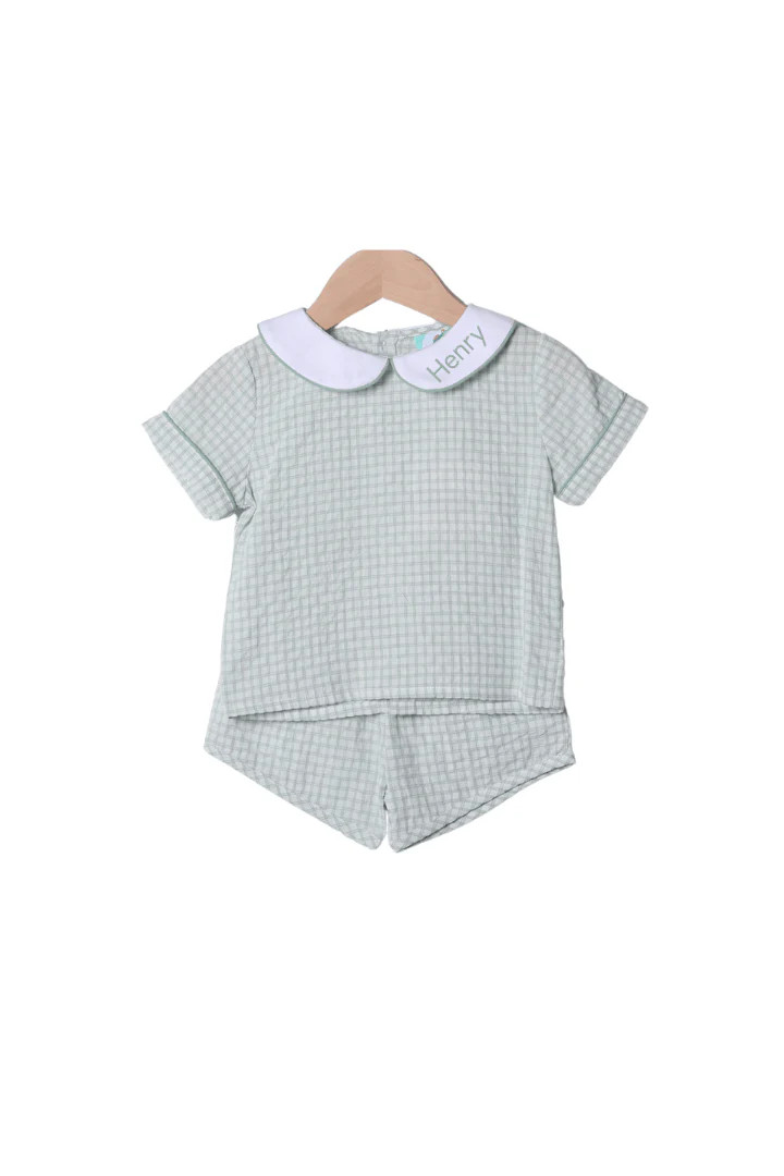 French Knot Bunny Removable Tab Sage Windowpane Short Set | The Smocked Flamingo