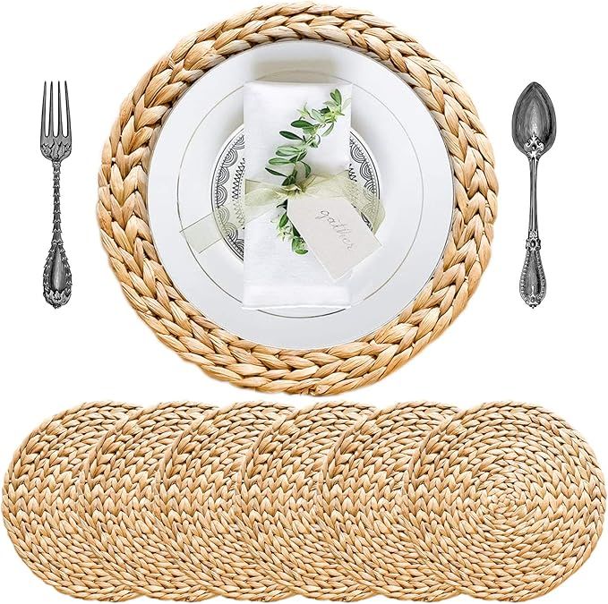 Boho Placemats Set of 4, Round Placemats for Dining Table, Water Hyacinth Wicker Placemats, Straw... | Amazon (US)