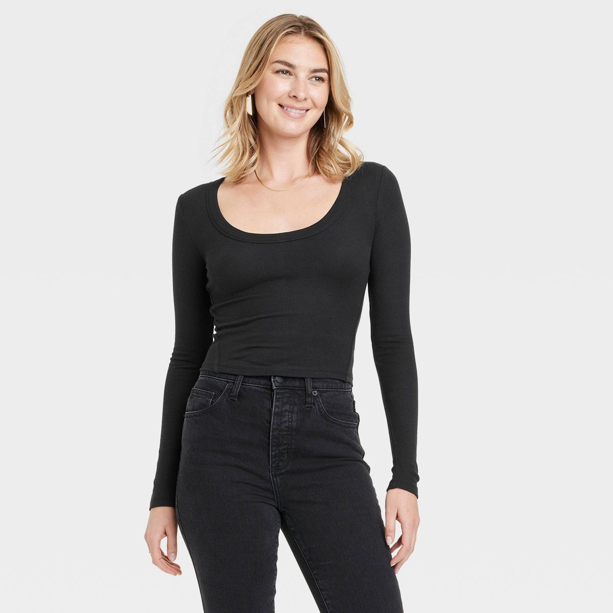 Women's Ribbed Long Sleeve Scoop Neck T-Shirt - Universal Thread™ Black M | Target