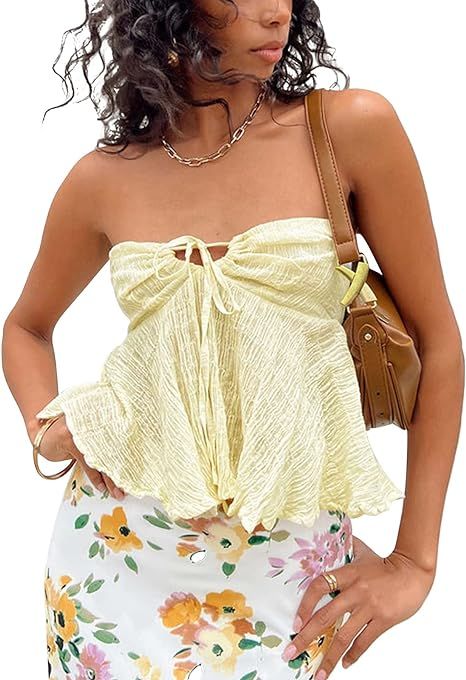 Women Strapless Tube Top Cute Fairy Top Sleeveless Ruffle Hem Vintage Y2k Going Out Top | Amazon (US)