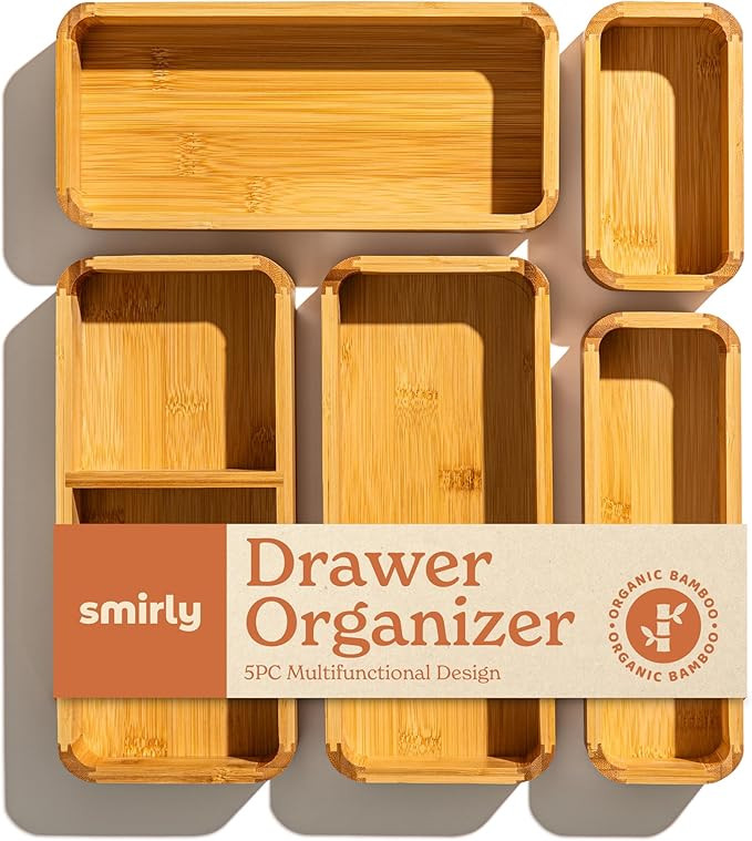 SMIRLY 5-Piece Bamboo Kitchen Drawer Organizer Set for Large and Small Utensils, Multi-use Storag... | Amazon (US)
