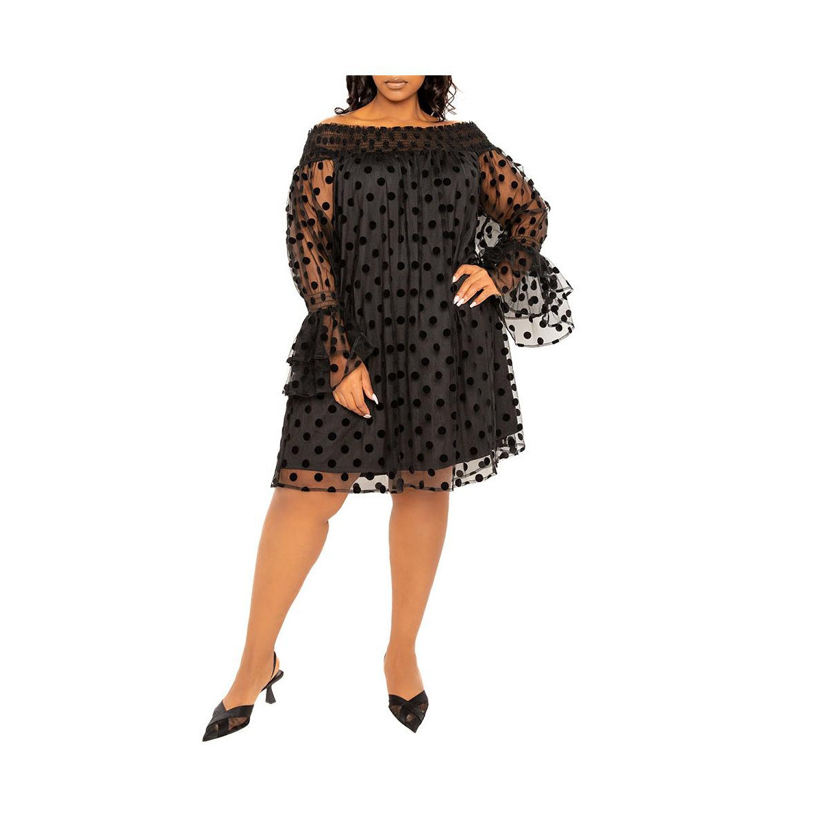 Buxom Couture Women's Plus Size Off Shoulder Polka Dot Dress - Black | Macy's