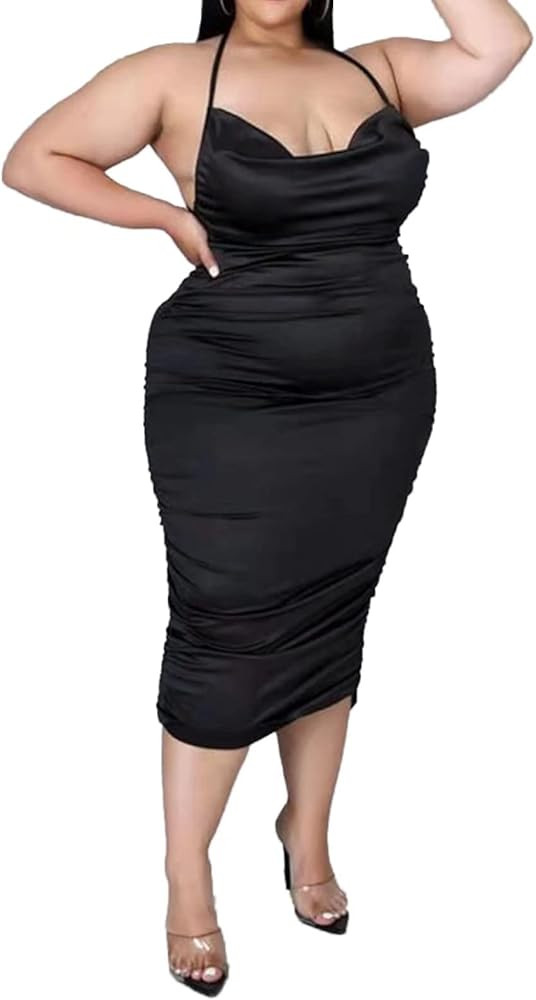 Women's Sexy Plus Size Ruched Dresses Spaghetti Strap Halter Backless Lace Up Bodycon Party Club Dre | Amazon (US)