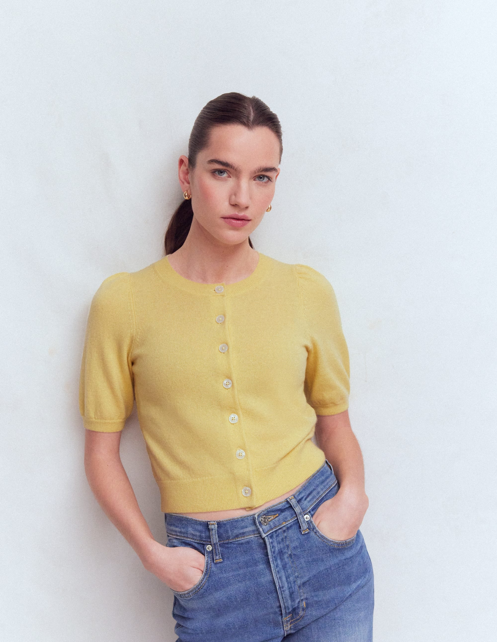Cropped Cashmere Cardigan-Sandstone Yellow | Boden UK