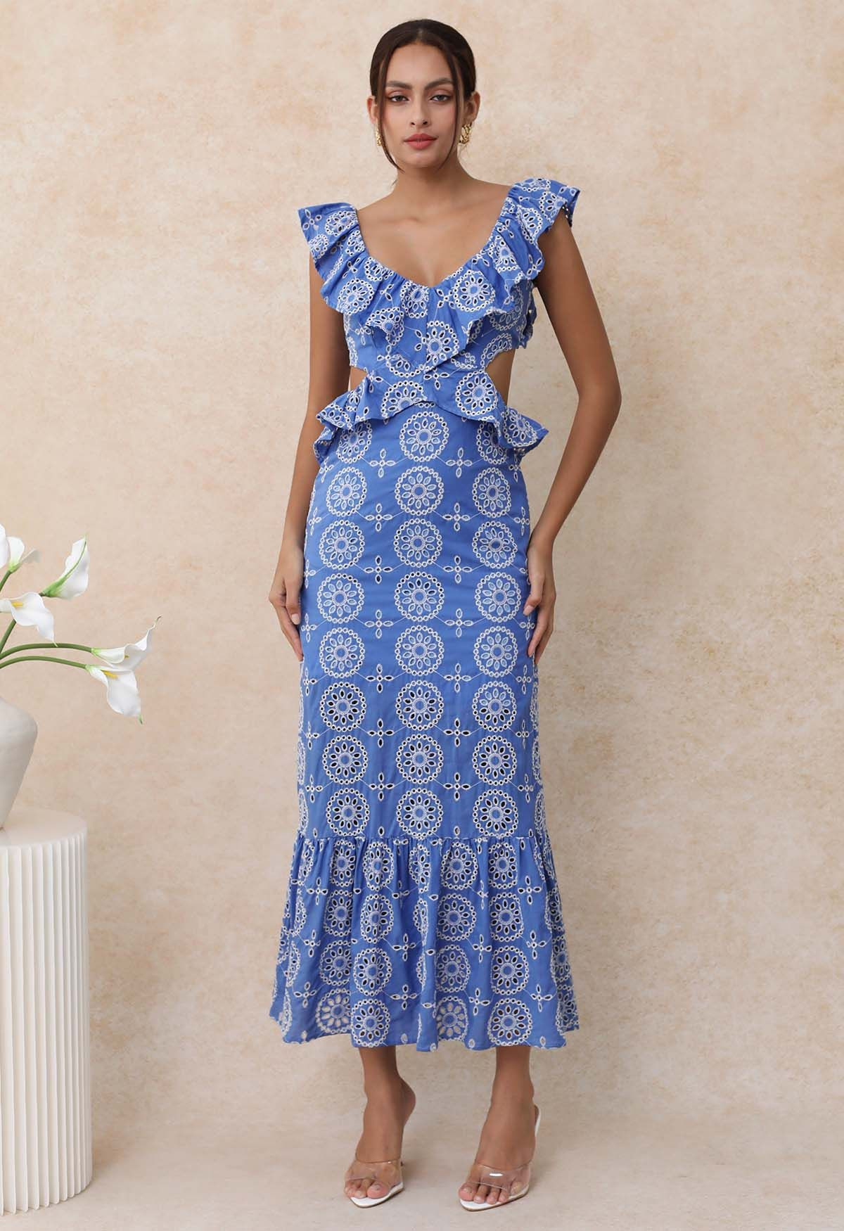 Open Back Ruffle Floral Embroidery Eyelet Maxi Dress | Chicwish