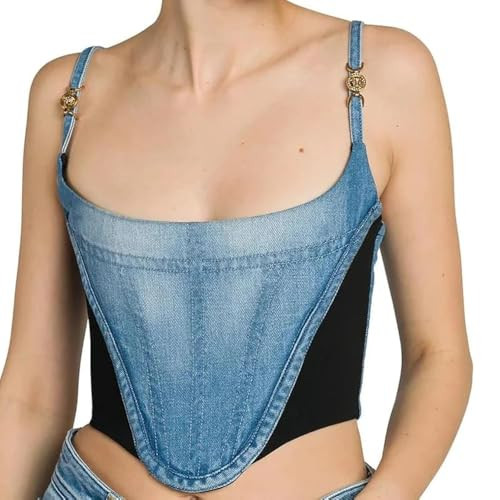 IdleBone Womens Luxury Denim Corset Top (Brand Zip-up Bustier) Navy Blue & Black - Small | Amazon (US)