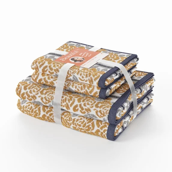 Beautiful by Drew Barrymore 4-Piece Wallpaper Bath Towel Set, Soft 100% Cotton, Amber Yellow | Walmart (US)