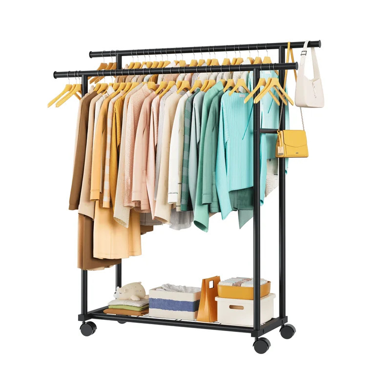 Sakugi Clothes Rack with Double Hanging Rods and Bottom Shelf, Rolling Metal Garment Rack for Bed... | Walmart (US)
