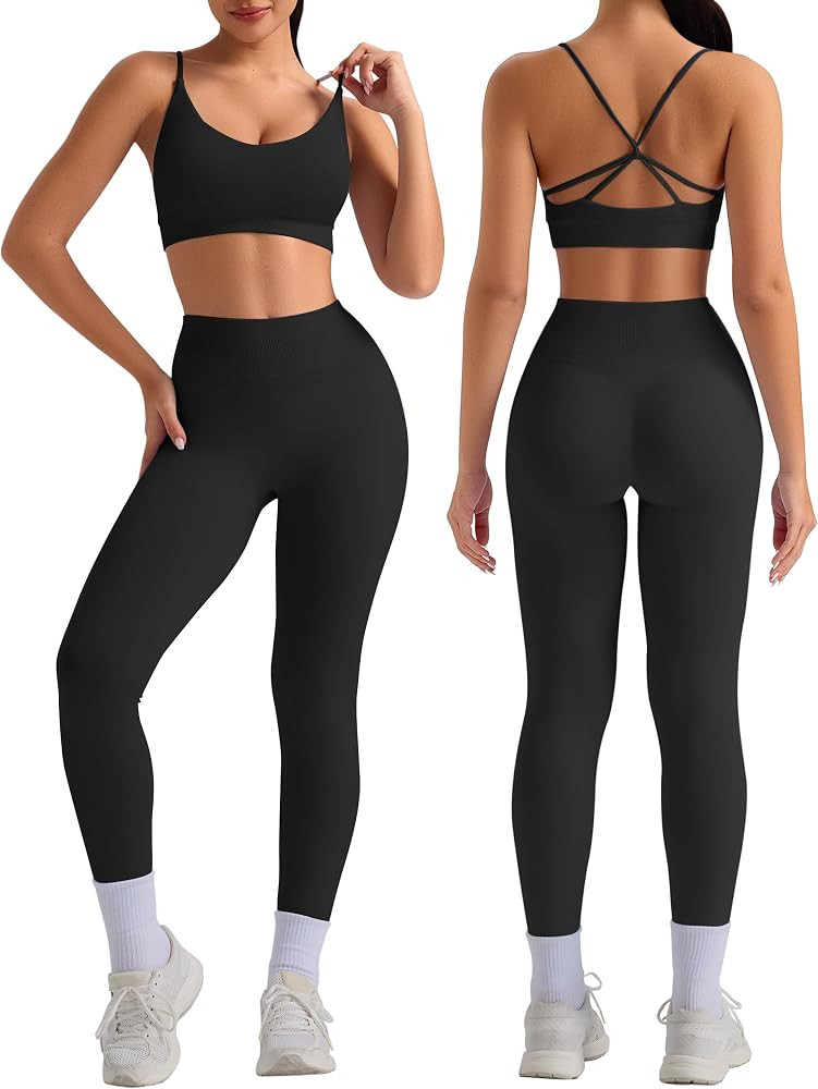 Womens Workout Sets 2 Piece Seamless Strappy Sports Bra Crisscross Back Scrunch Butt Leggings Pad... | Amazon (US)