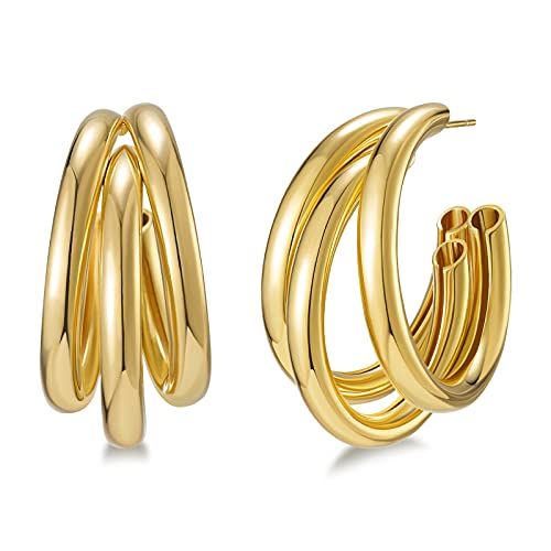 SWEETV Chunky Hoop Earrings for Women, 925 Sterling Silver Post Triple Open Hoops, Diameter 20/23... | Amazon (US)