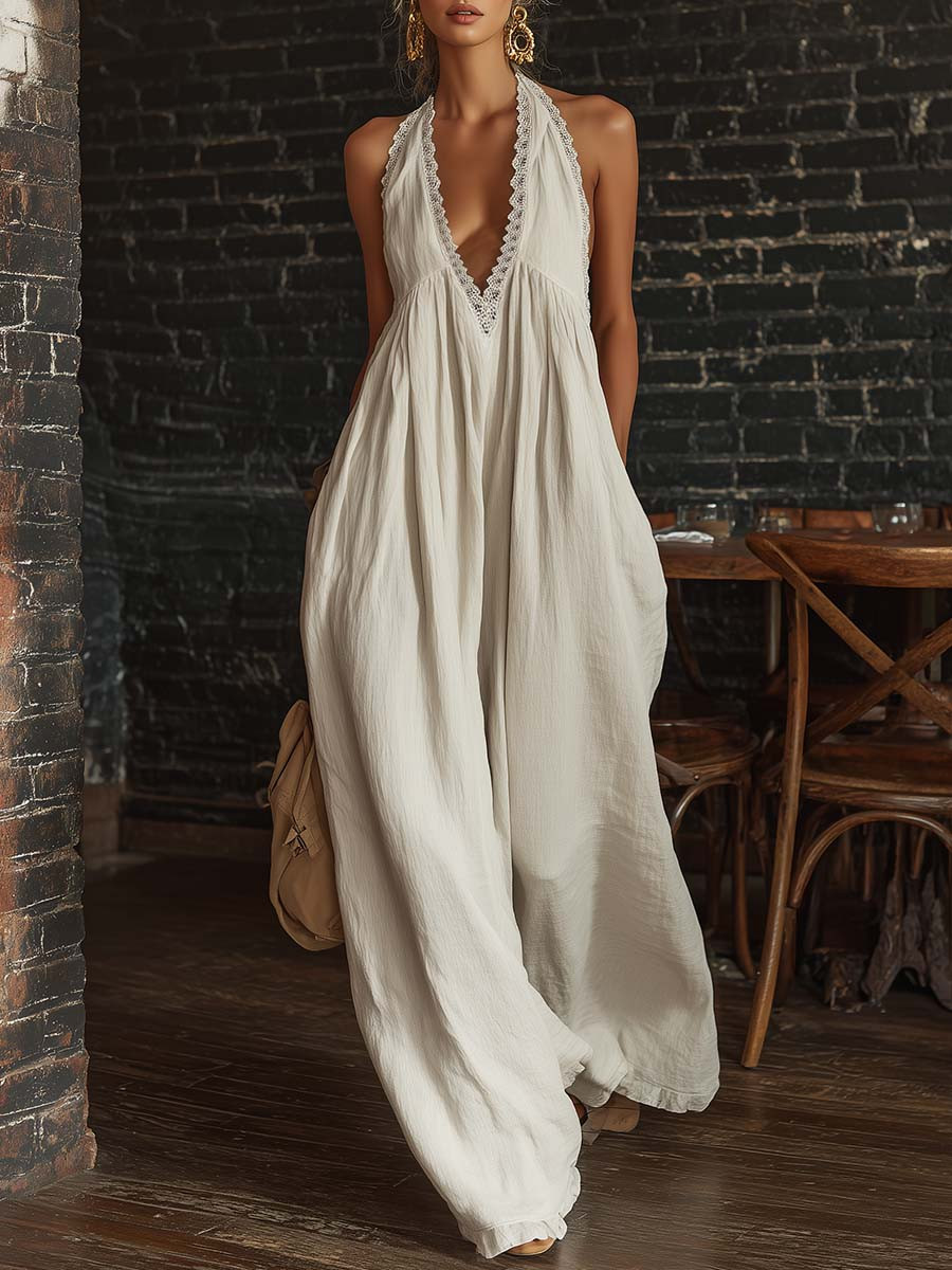 FLOWEARY Retro Urban Bohemian V-neck Lace Trim Sleeveless Off-white Cotton Jumpsuit - Off-white / M | Shop.app