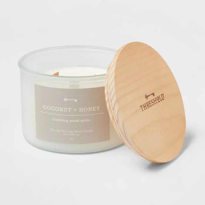 Milky White Glass Woodwick Candle with Wood Lid and Stamped Logo Coconut and Honey - Threshold™ | Target