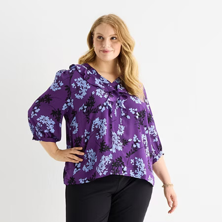 Liz Claiborne Womens Plus V Neck 3/4 Sleeve Blouse, 3x, Purple | JCPenney
