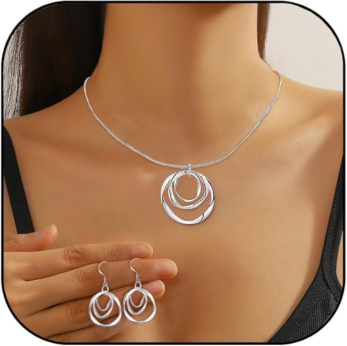 925 Plated Silver Earrings and Necklace Set Round Drop Earrings for Women Dainty 3 Circles Silver... | Amazon (US)