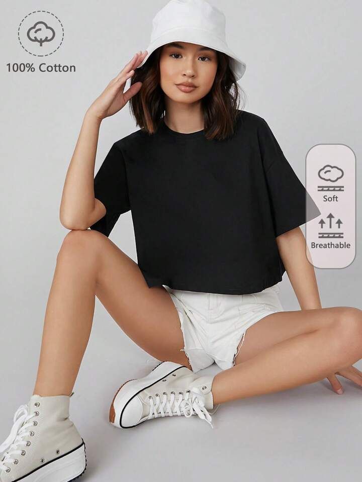 SHEIN BASICS 100% Cotton Drop Shoulder Solid Crop Tee | SHEIN
