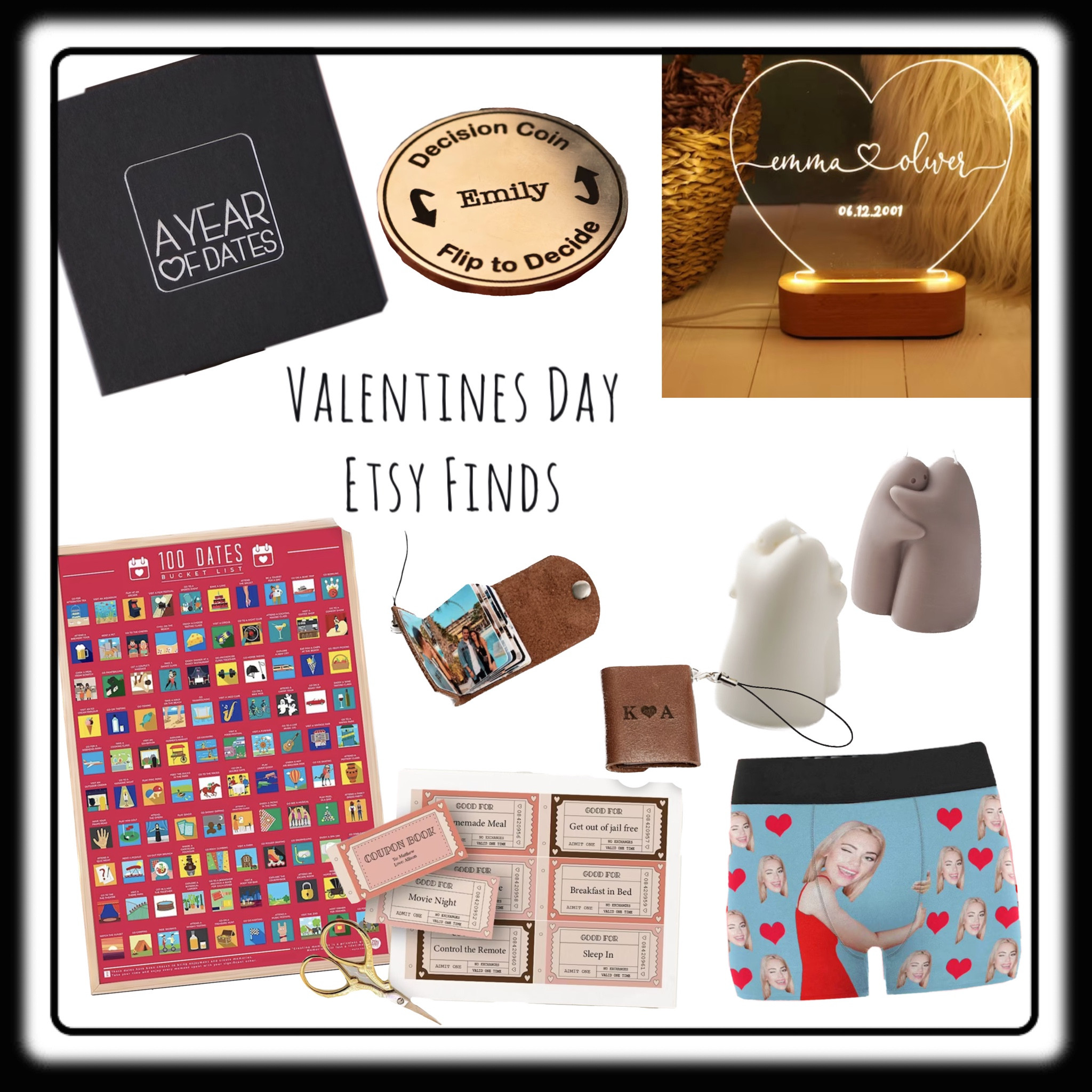 Valentines Day Etsy finds. 
A year of dates, 100 date scratch off, printable coupon book for significant other, custom decision coin, personalized photo boxer briefs, keychain photo book and hugging candles 

Couples Gift for Boyfriend, Anniversary Gifts Couples, Personalized Gift, couples gift for Husband, couples gift for Wife, Valentines Day gift for her, Valentine’s Day gift for him 

All from Etsy 

#LTKSeasonal #LTKunder50 #LTKGiftGuide