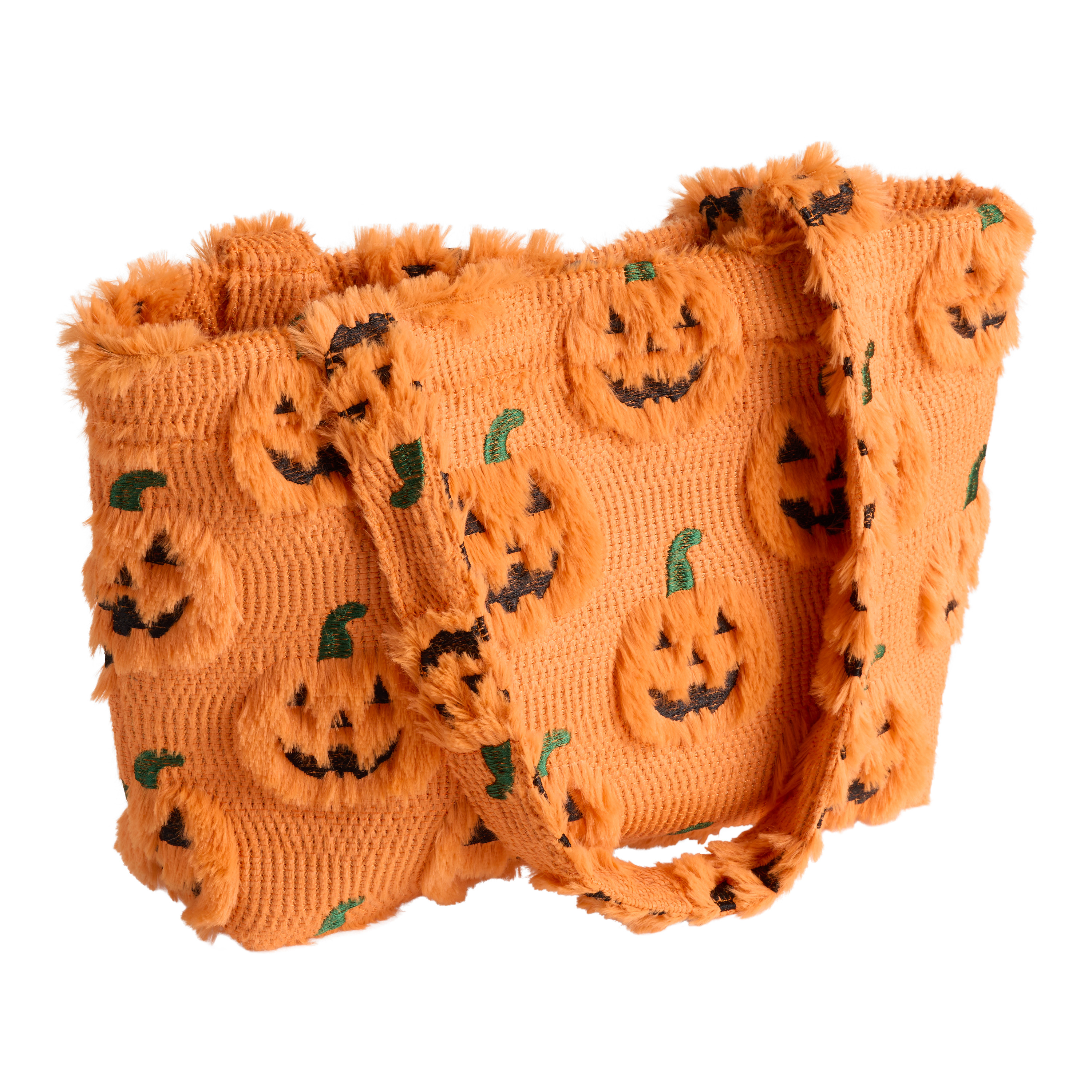 Orange and Black Halloween Pumpkin Fuzzy Tote Bag | World Market