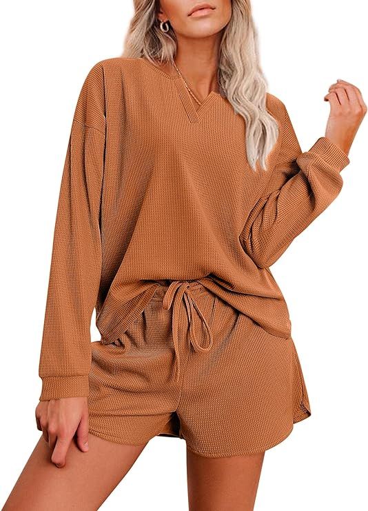 Ekouaer Pajama Set for Women Waffle Knit Lounge Sets Long Sleeve Top and Shorts Matching Loungewe... | Amazon (US)