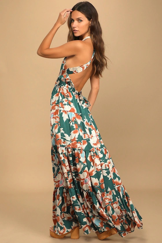 Heat Wave Babe Green Floral Print Tie-Back Tiered Maxi Dress | Lulus