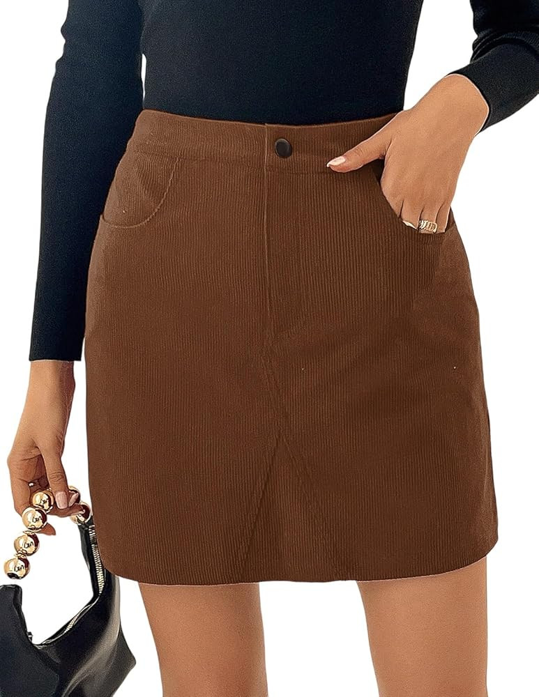 Kate Kasin Women Corduroy Skirt Mini Pencil Skirt Elastic High Waist Skirt with Pockets 2025 | Amazon (US)