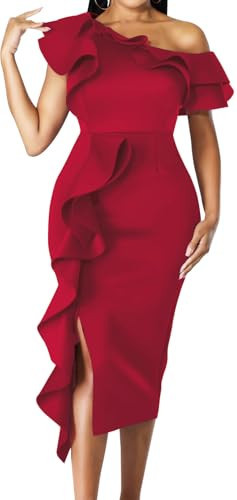 Bodycon Cocktail Dress for Women Evening Party Sexy One Off Shoulder Ruffles Dark Red Midi Formal Split Dreeses with Zipper (XX-Large) | Amazon (US)