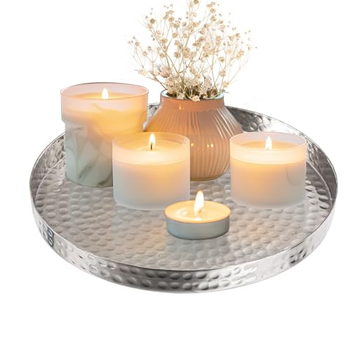 11 Inch Hammered Silver Small Serving Tray, Circle Round Candle Plate Decorative Tray, Aluminum Vanity Tray for Jewelry, Make up and Perfume, Food Display Coffee Table- Handcrafted in India | Amazon (US)