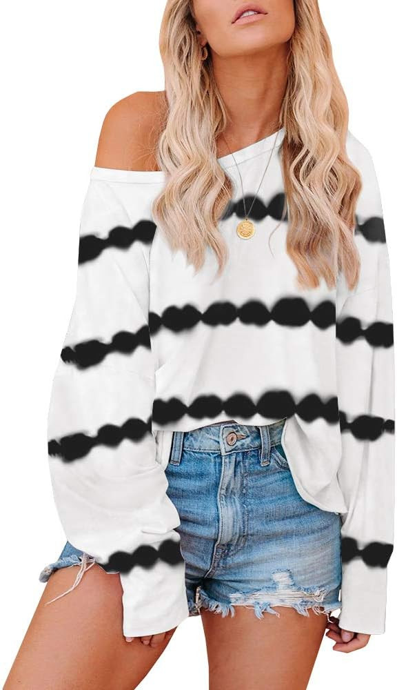 Womens Tie Dye Printed Sweatshirts One Shoulder Long Sleeve Round Neck Casual Pajamas Loungewear | Amazon (US)