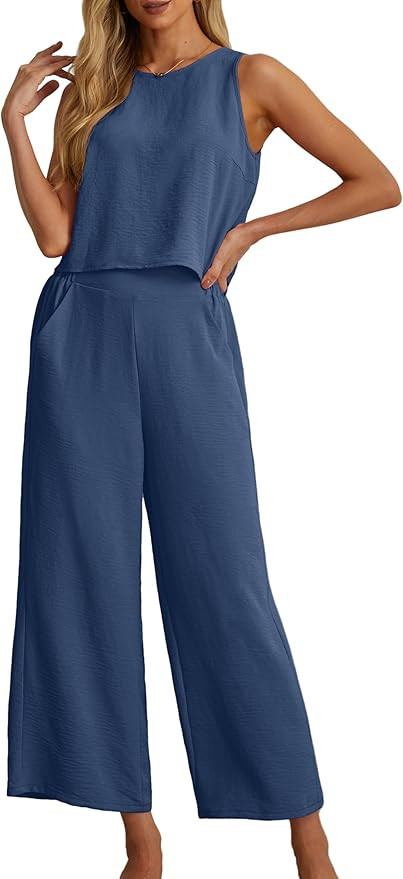 IWOLLENCE Women's Summer 2 Piece Outfits Set Round neck Sleeveless Tank Crop Top Wide Leg pants S... | Amazon (US)
