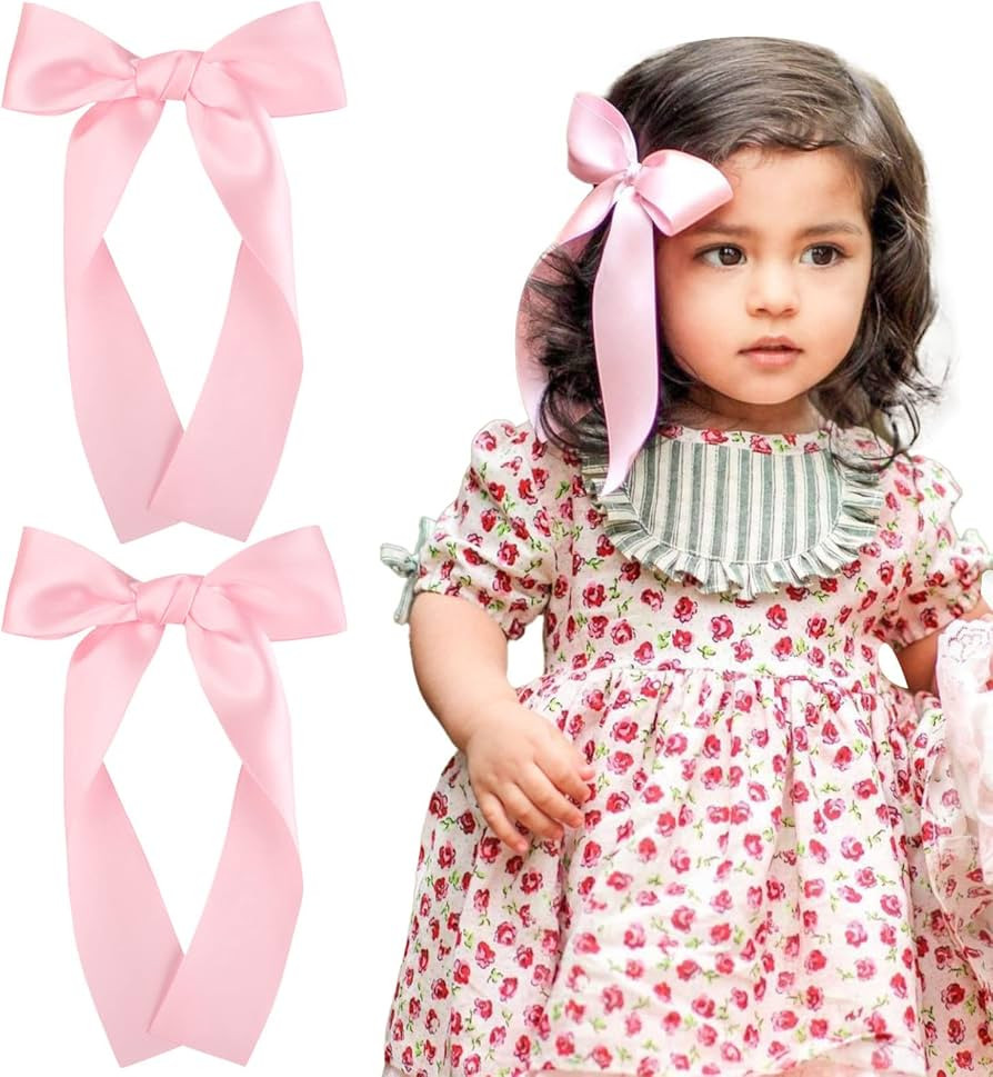 2Pcs Long Ribbon Hair Bows for Girls Hair Clip Silk Hair Bow Pink Ribbon Hair Accessories for Bab... | Amazon (US)