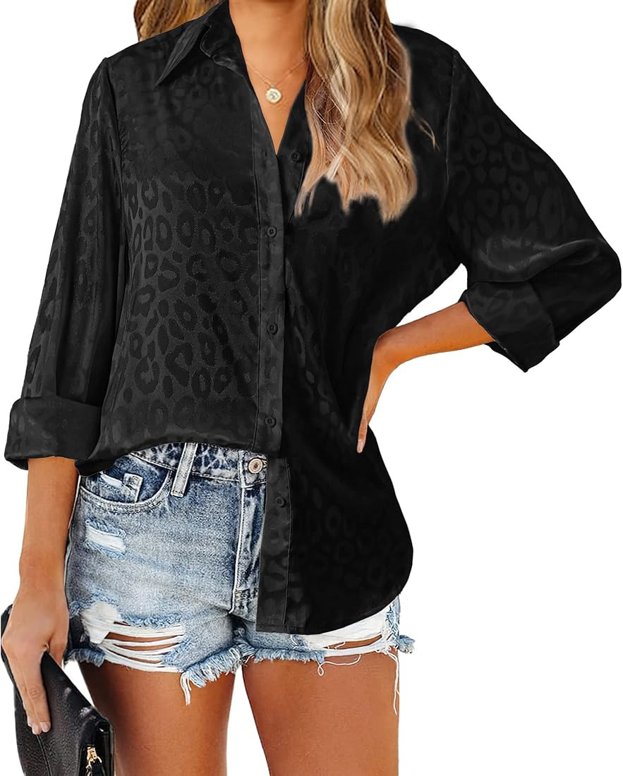 BTFBM Women's Satin Button Down Shirts Roll Up Long Sleeve Lapel V Neck Loose Casual Work Summer Fal | Amazon (US)
