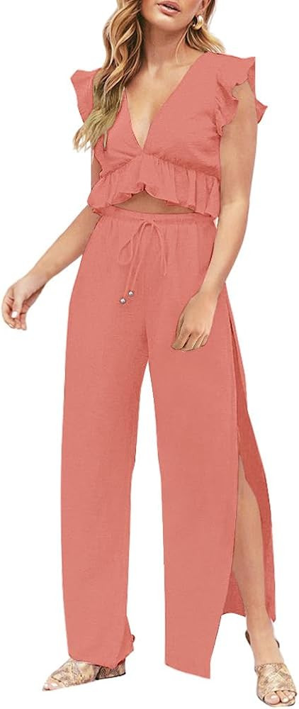 FANCYINN Womens 2 Pieces Outfits Deep V Neck Crop Top Side Slit Drawstring Wide Leg Pants Set Jum... | Amazon (US)