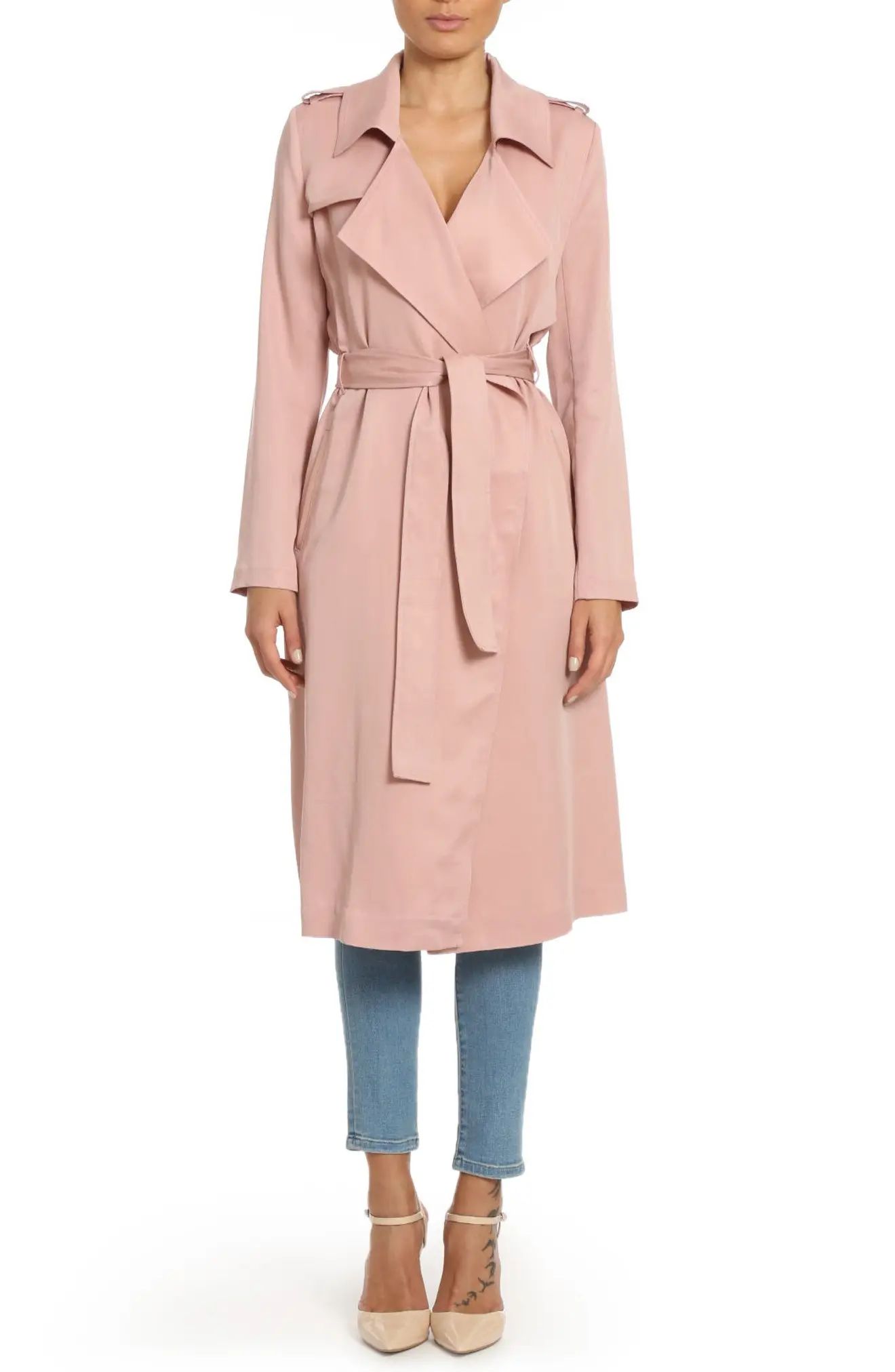 Faux Leather Trim Long Trench Coat | Nordstrom