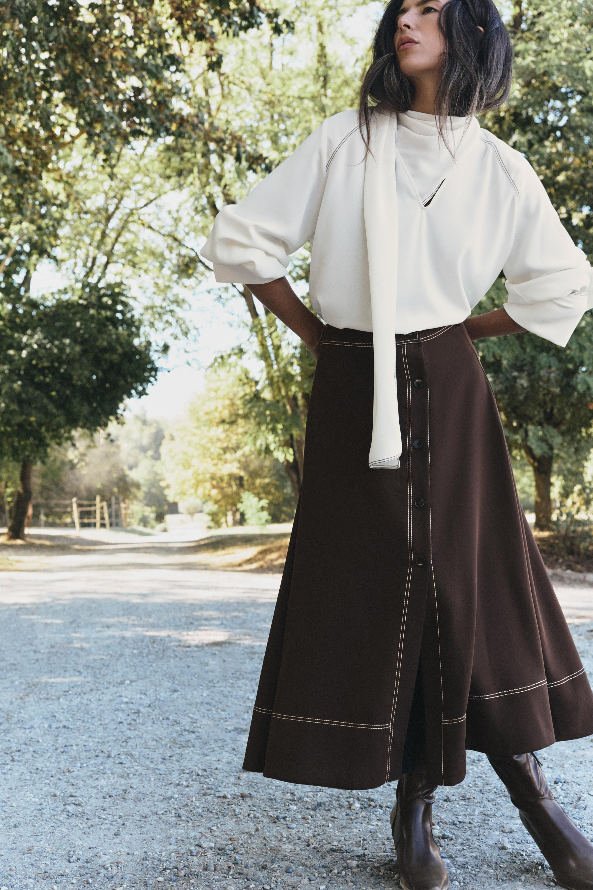 CONTRAST TOPSTITCH A-LINE MIDI SKIRT | Zara US