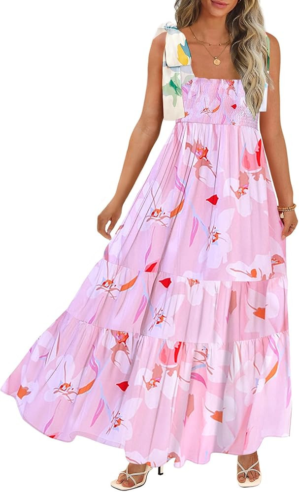 CURBODO Women's Summer Maxi Dress Boho Spaghetti Straps Casual Long A-line Smocked Beach Dress Sq... | Amazon (US)